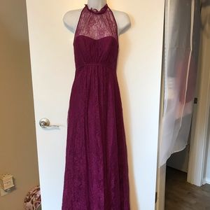 berry colored halter dress with lace overlay